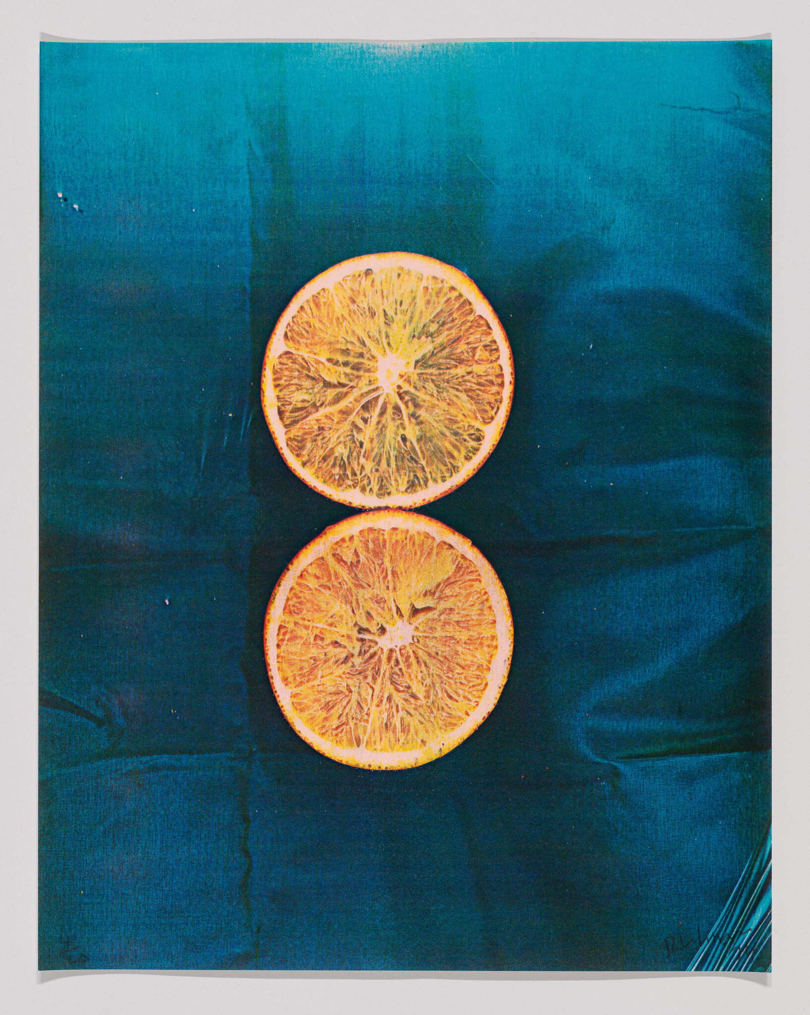 Two dried orange halves stacked vertically on teal fabric background.