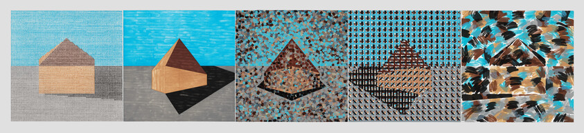 A panoramic digital artwork featuring five panels, each with a geometric house-like shape in the center. The backgrounds and textures vary across panels, with patterns ranging from fine grids to broad brushstrokes, and color palettes shifting from cool blues to warm browns and tans. The central shapes maintain a consistent house silhouette but differ in texture and shading, suggesting different materials or lighting conditions.