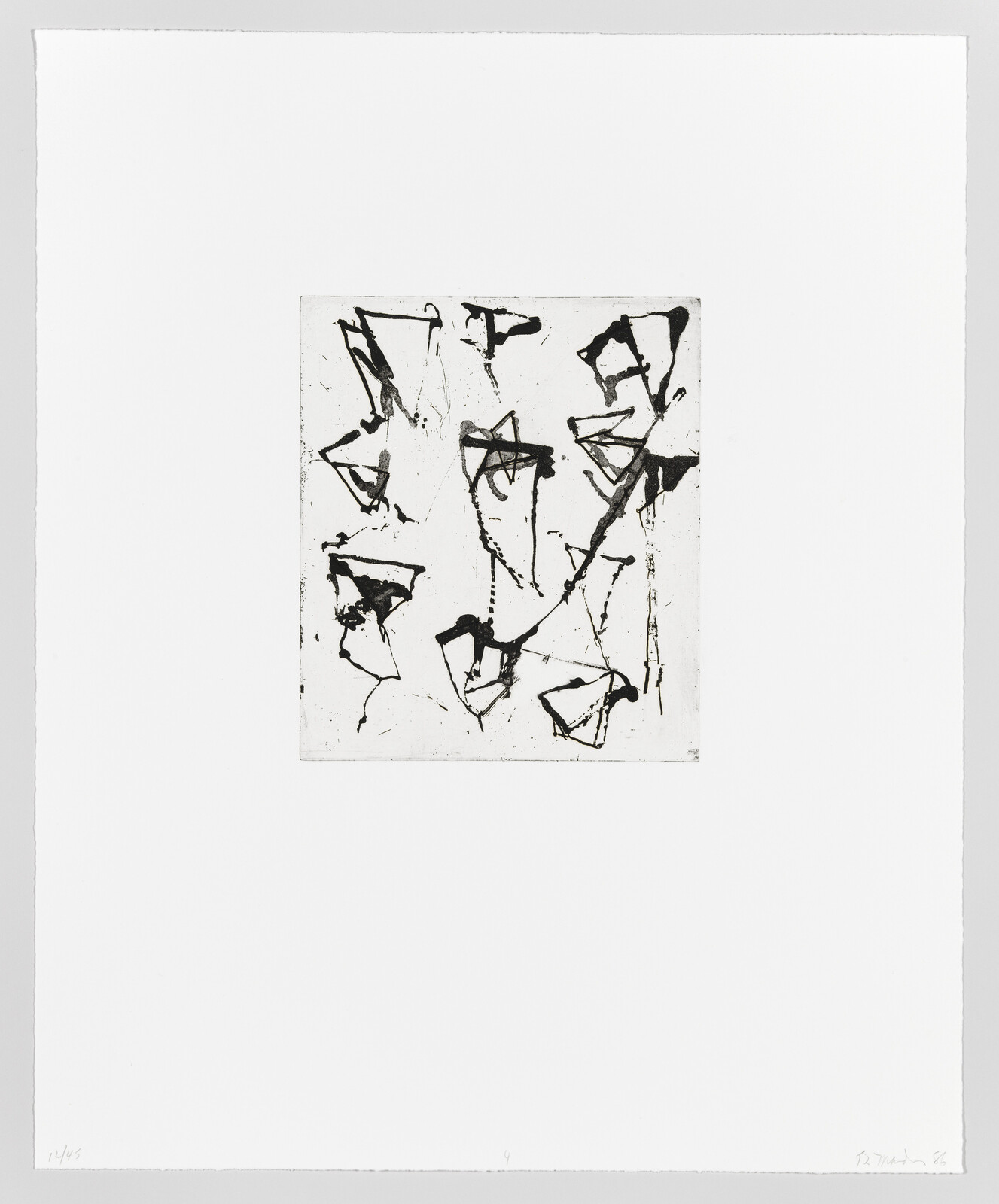 A black and white abstract print featuring a series of erratic, angular lines and shapes centered on a square piece of paper, surrounded by a wide white border. The artwork is numbered and signed at the bottom.