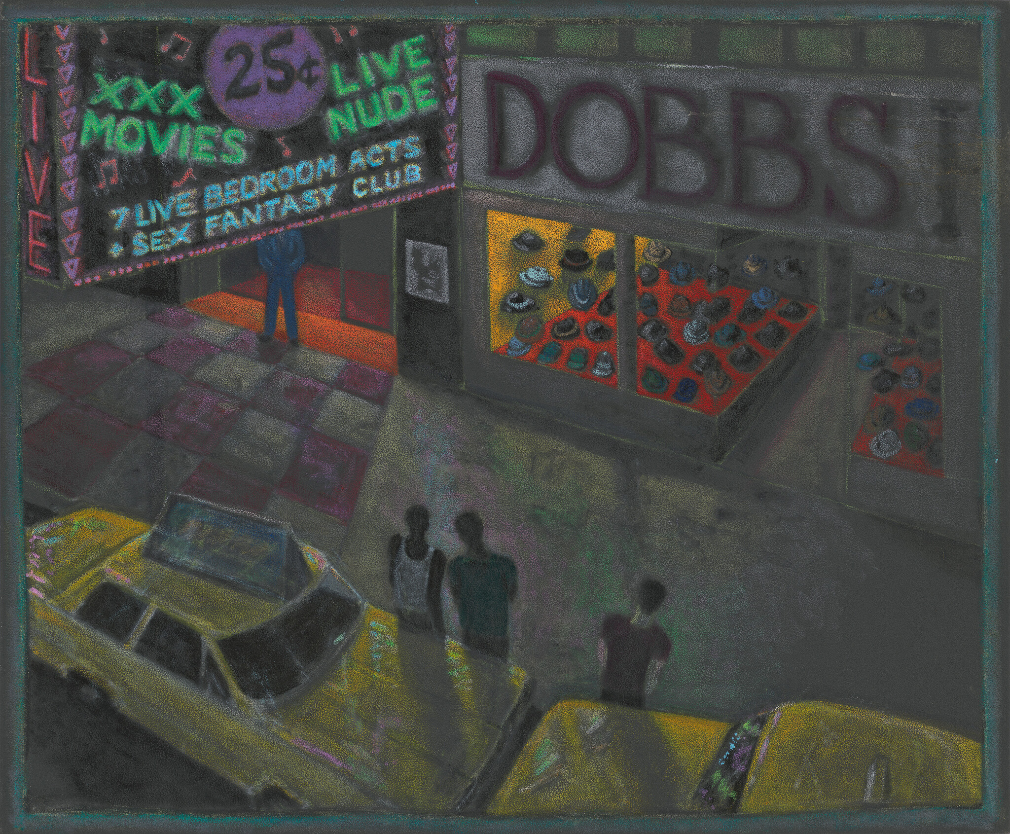 Three people stand by taxis under a neon marquee advertising 25¢ live nude shows outside a hat shop.