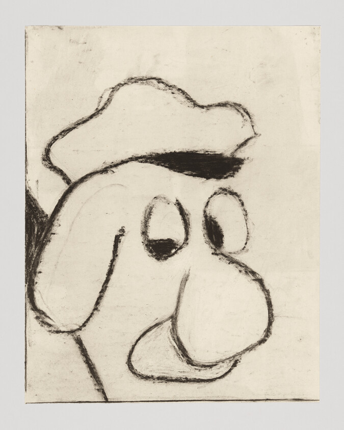 Simple black and white sketch of a cartoon face with a large nose, closed eyes, and a hat.