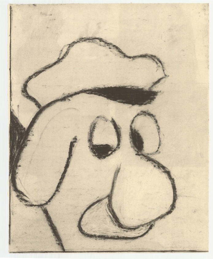 Charcoal sketch of a cartoonish face with a large nose, closed eyes, and a hat, drawn on a textured paper background.