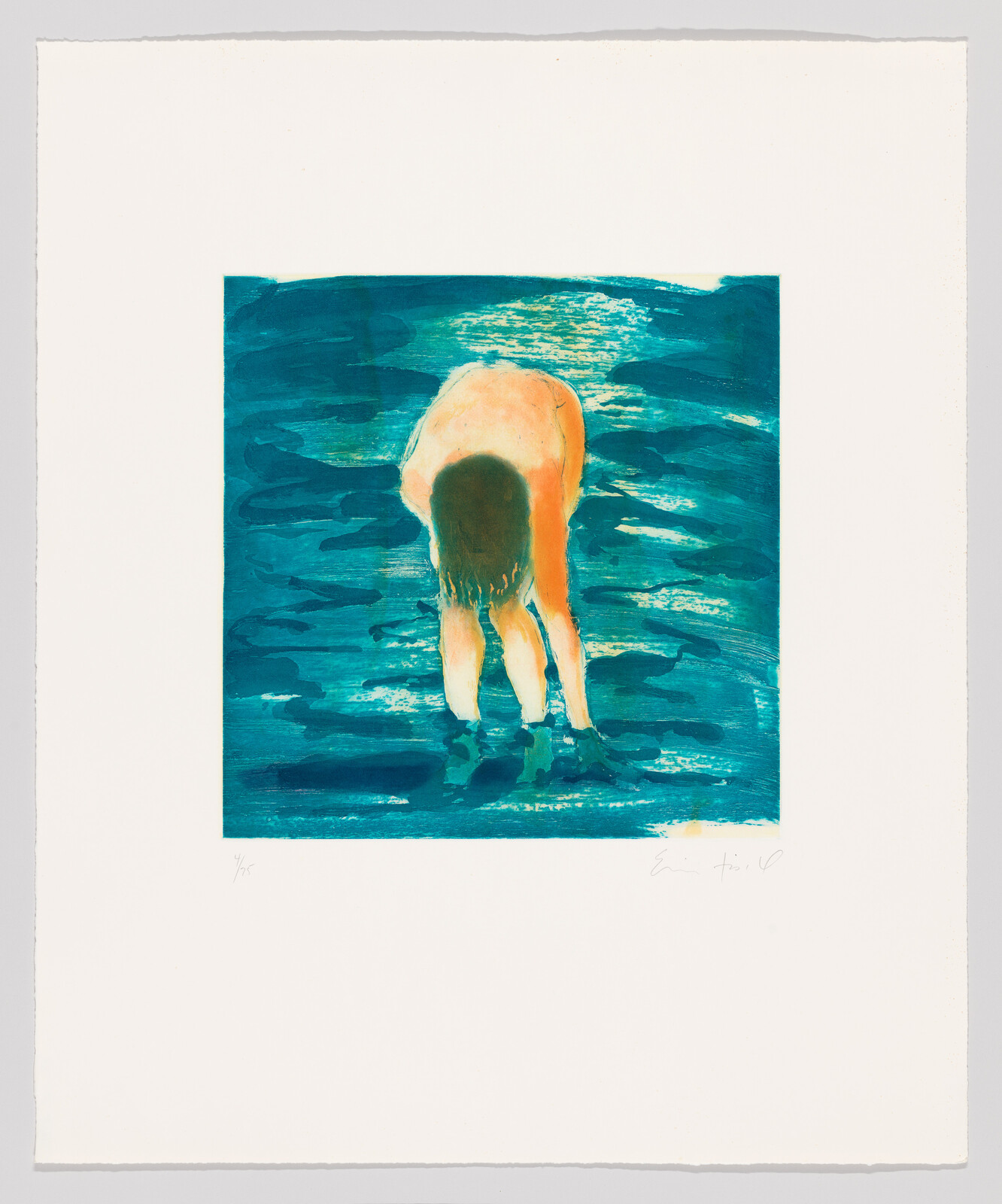 A person bends forward standing in shallow teal water with head and hair hanging down.