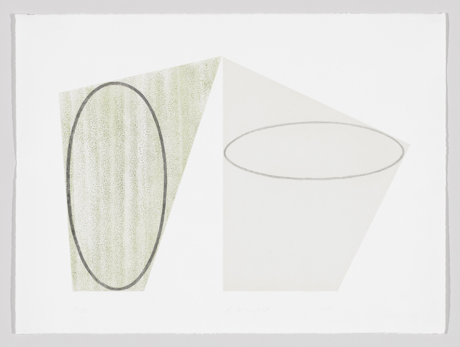 A minimalist artwork featuring two overlapping geometric shapes on a white background. On the left, a textured green oval with a dark outline, and on the right, a faintly sketched ellipse without color. The piece has a signature on the bottom right and is numbered on the bottom left, indicating it's part of a limited series.