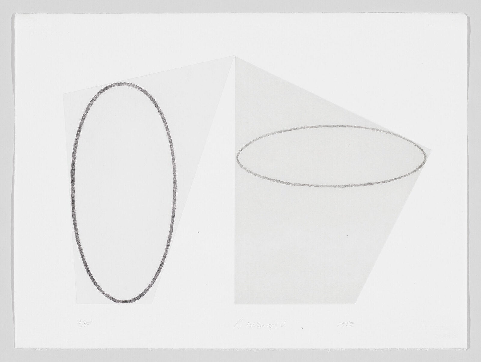 A grayscale artwork featuring two geometric shapes on a white background: on the left, a vertical ellipse, and on the right, a cone without its base, both drawn with thin, sketch-like lines. The image has a signature and date on the bottom right corner, and there's a fraction on the bottom left, indicating it's part of a limited series.
