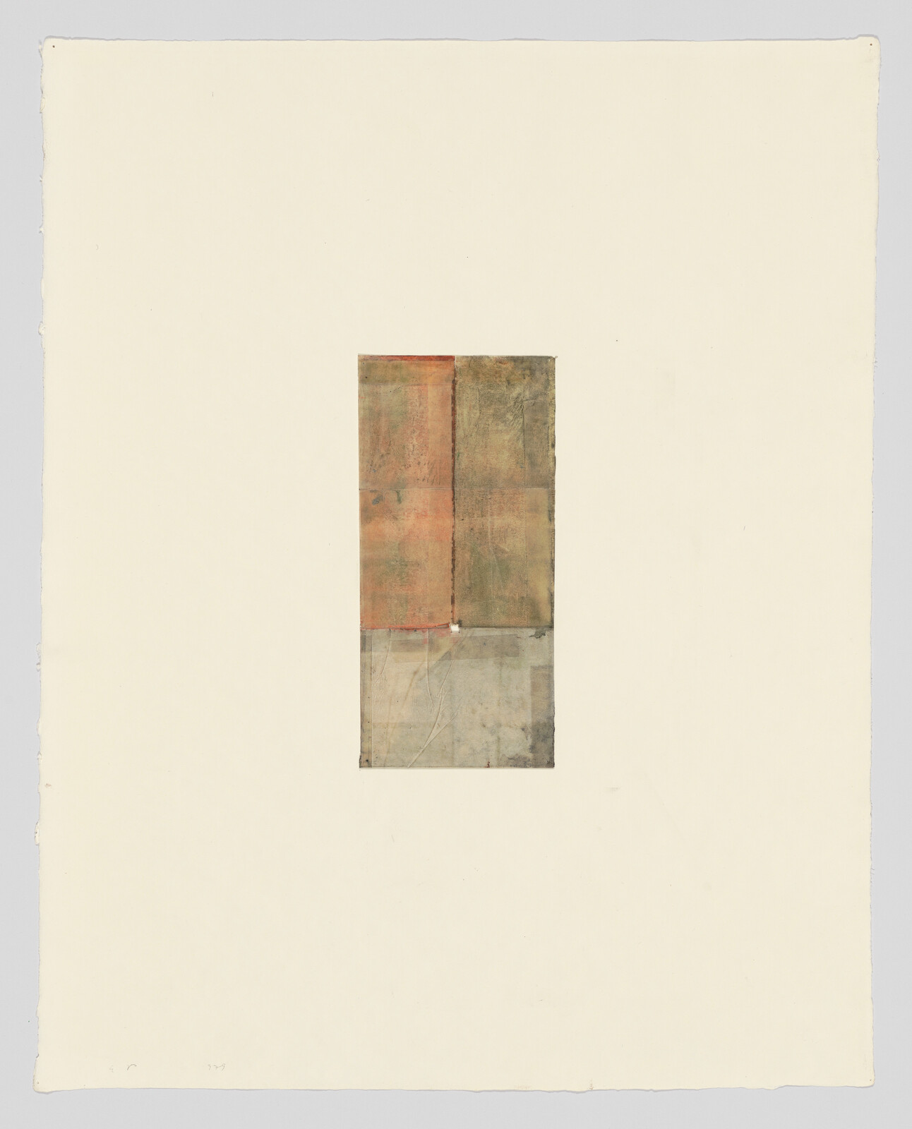 A textured abstract artwork composed of rectangular sections with muted earth tones, mounted on an off-white paper background with rough edges.
