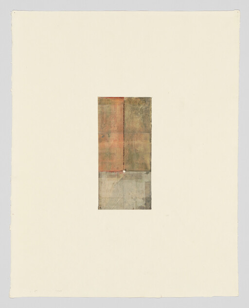 Small vertical patchwork of muted earth-toned rectangles centered on a large blank sheet of paper.
