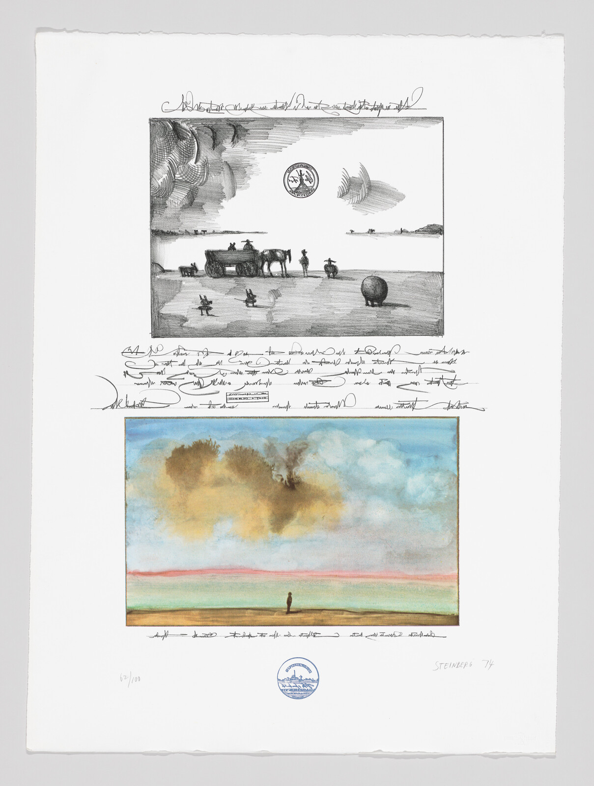 This image features a mixed-media artwork with two distinct sections. The upper section is a black and white drawing that includes a landscape with hills, clouds, and various objects such as a tank, airplanes, and figures standing or walking. There is a circular emblem with a bird in the center top of this section. Below the drawing, there is handwritten script that appears to be in cursive, possibly part of the artwork. The lower section shows a watercolor painting with a soft, pastel sky and a lone figure standing in a vast landscape. The artwork is numbered "62/100" and signed "STEINBERG '74" in the bottom right corner. There is also a blue circular stamp or seal on the bottom left. The paper has rough edges, suggesting it may be high-quality printmaking paper.