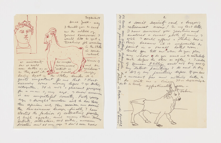Two handwritten pages with ink drawings of a goat-like creature and a horned bull alongside cursive text.