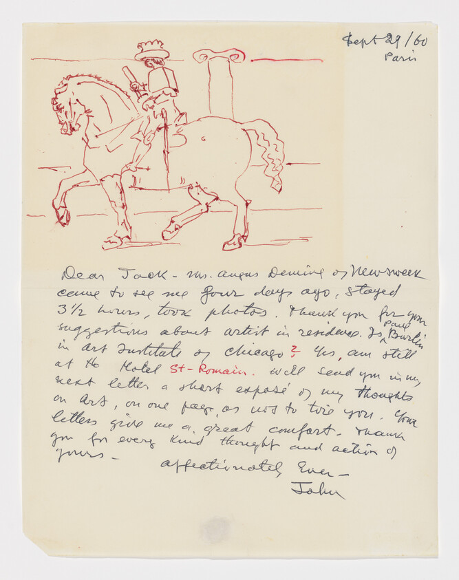 Hand-drawn red sketch of a rider on a horse above a handwritten letter dated Sept 29, 1961.