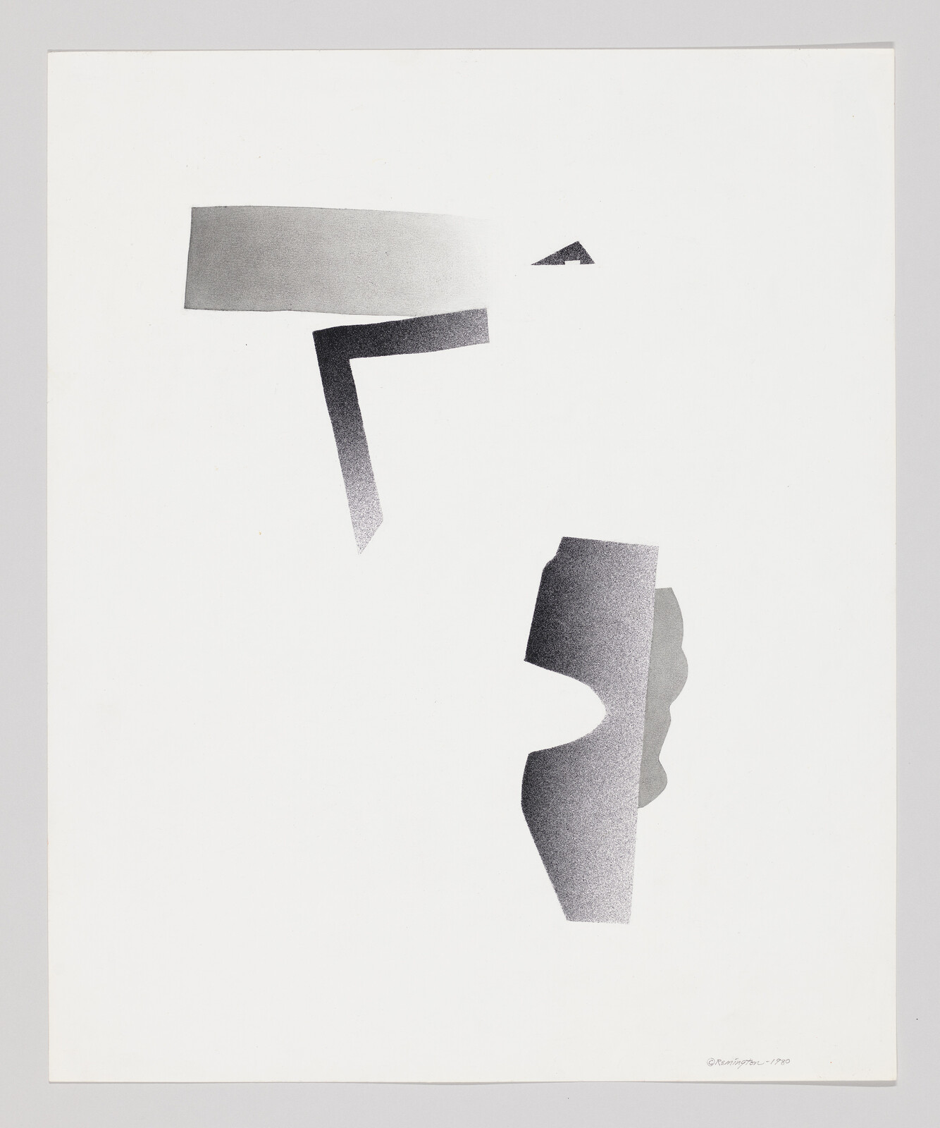 Several abstract gray and black geometric shapes scattered on a white background.