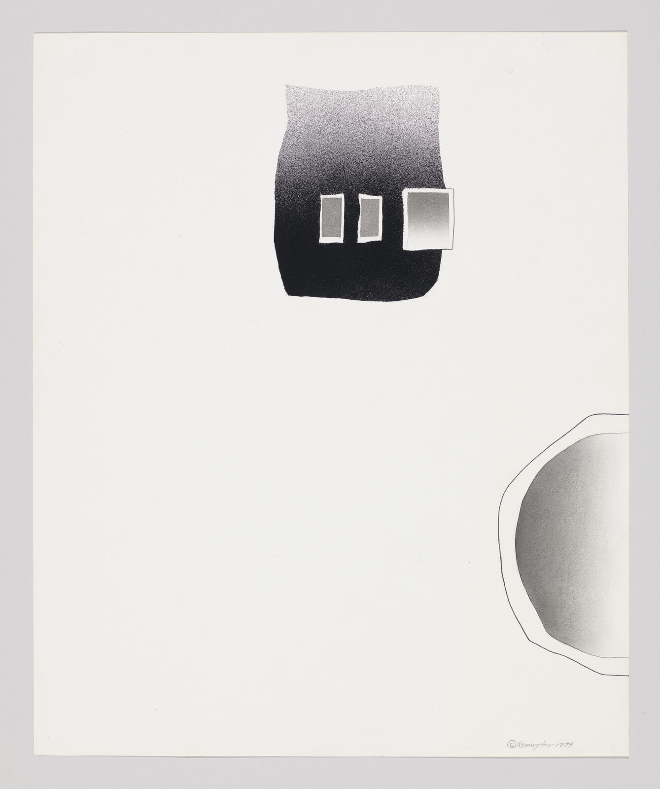 A minimal black gradient block with three small framed squares and a gray rounded shape at lower right.