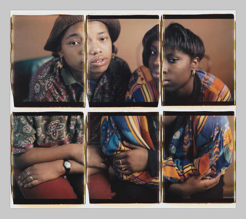 Six photographs tiled together compose a portrait of two Black women in patterned shirts, arms crossed, staring directly at the camera