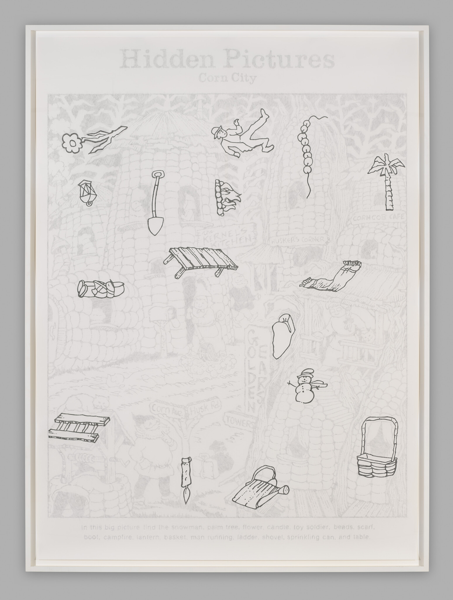 Framed hidden-pictures puzzle page with scattered outlined objects to find against a faded background.