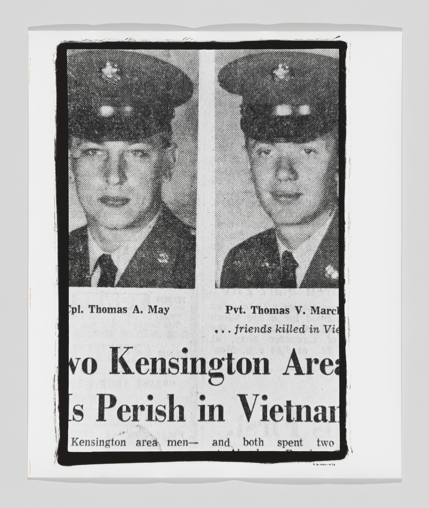 A black and white newspaper clipping featuring the portraits of two young men in military uniforms, with the headline "Two Kensington Area Men Perish in Vietnam" and captions identifying them as Cpl. Thomas A. May and Pvt. Thomas V. Marchione. The article mentions they were friends killed in Vietnam. The paper appears to be aged with some creases and tears around the edges.