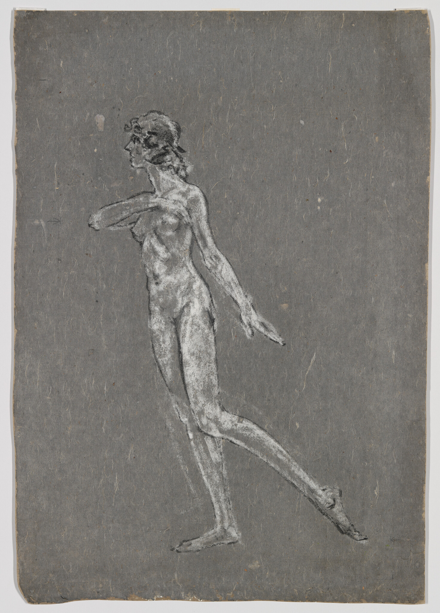 A charcoal and white chalk sketch of a nude woman stepping forward with arms extended.