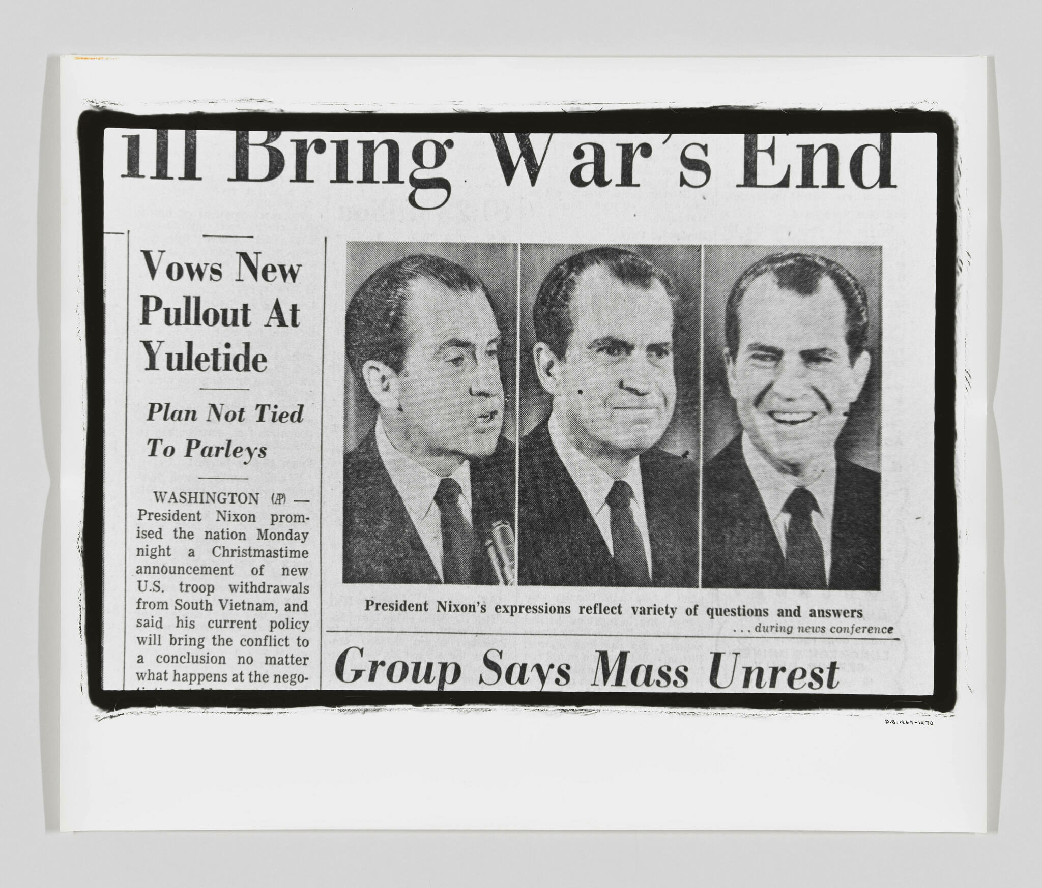 A black and white photograph of a newspaper clipping featuring a headline about ending a war and a series of three images showing a man with varying facial expressions, with a caption noting the expressions reflect a variety of questions and answers during a news conference.