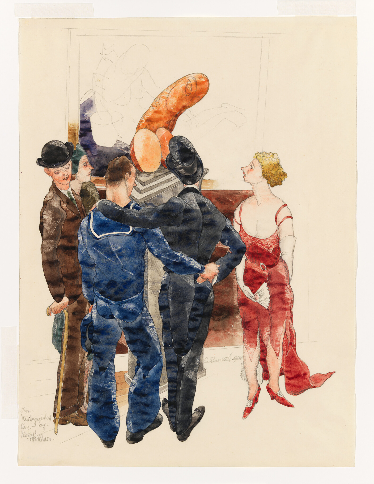 Four men and a woman stand closely together admiring a large abstract sculpture on a pedestal.