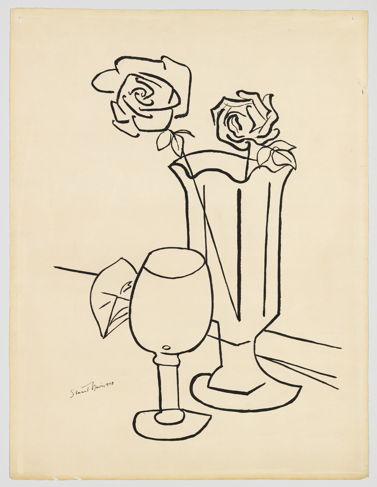 Two roses in a tall vase beside a wine glass drawn with bold black lines.