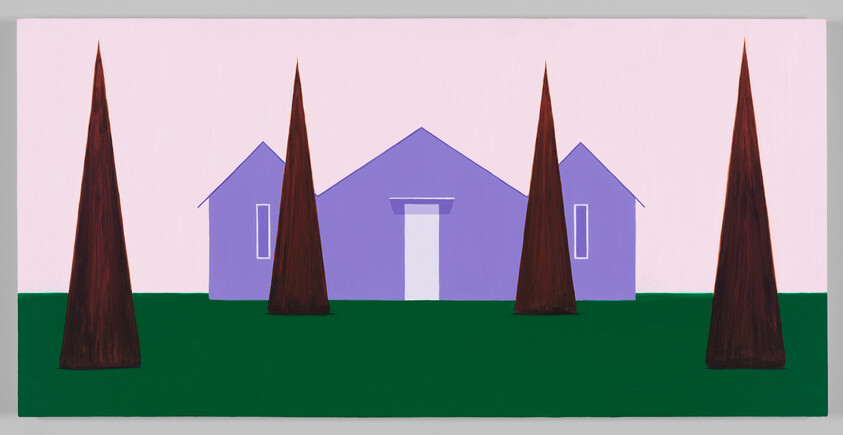 A purple three-section house sits on a green lawn with four tall brown cone trees.
