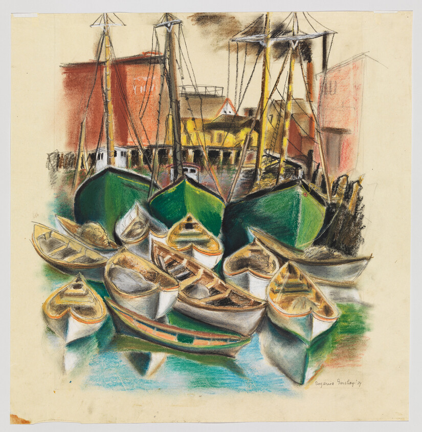 Several small rowboats clustered in a harbor in front of three larger green-hulled ships.