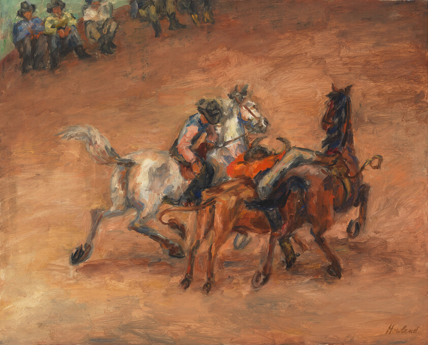 Two cowboys on horses struggle to control another horse while spectators watch.