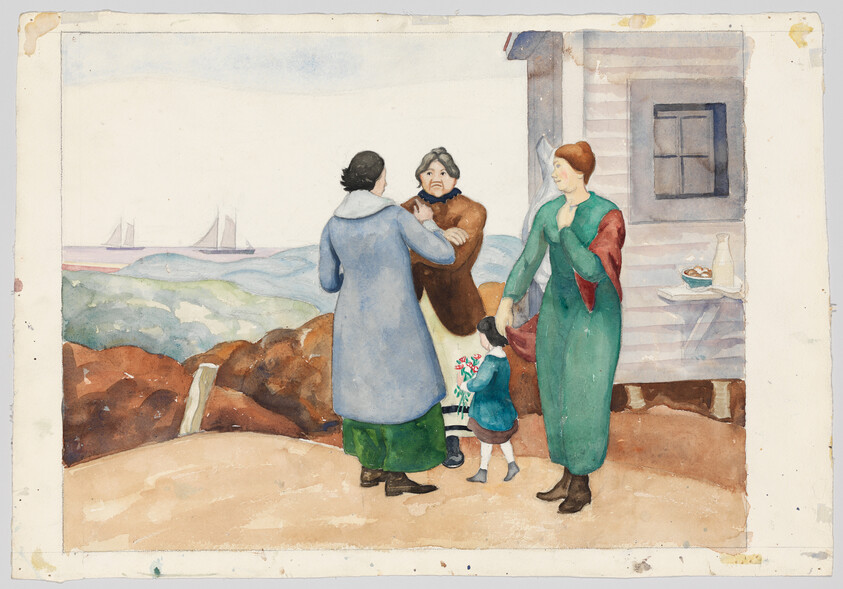Three women and a child stand by a seaside cottage, embracing and holding a bouquet.