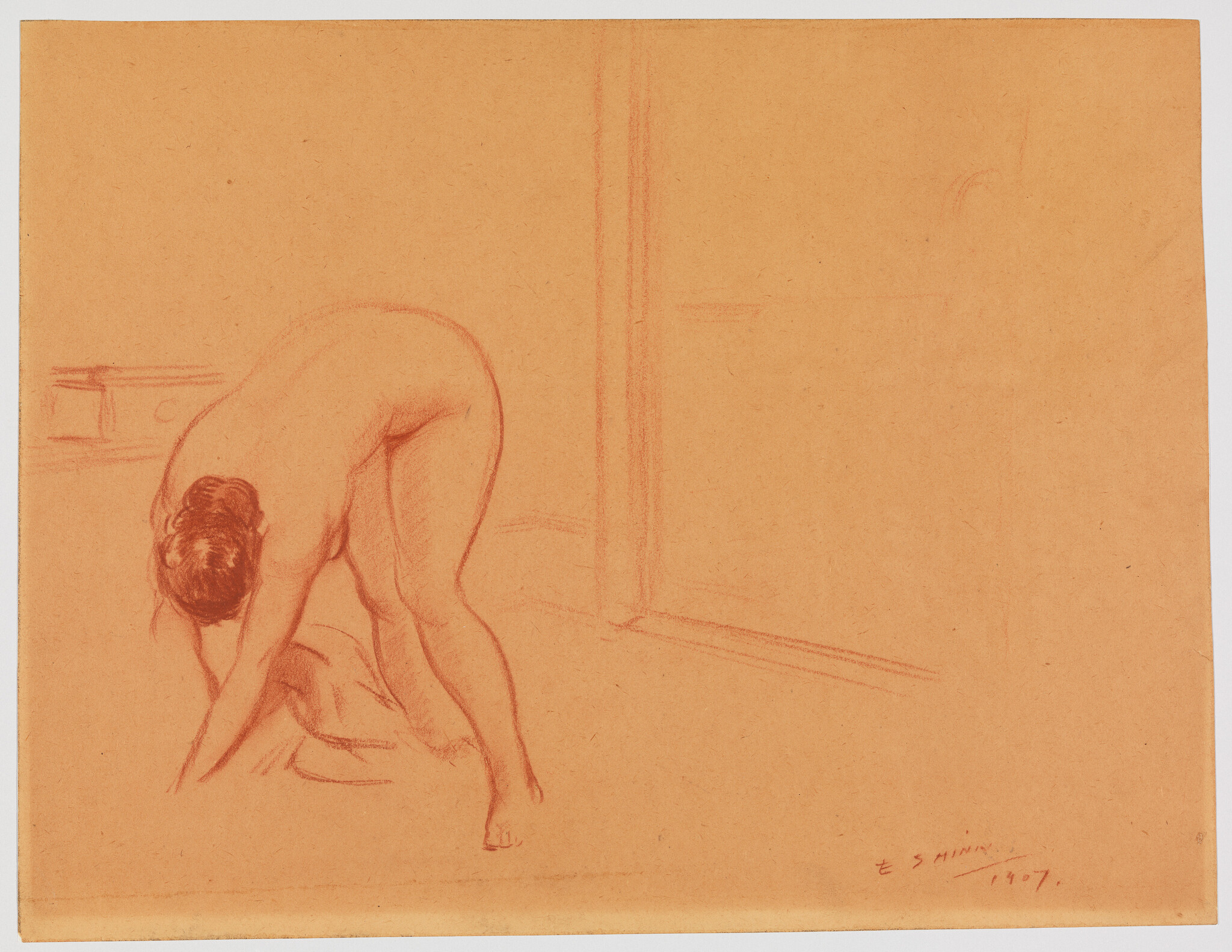 A nude woman bends forward to pick up a cloth on the floor in a red chalk drawing.