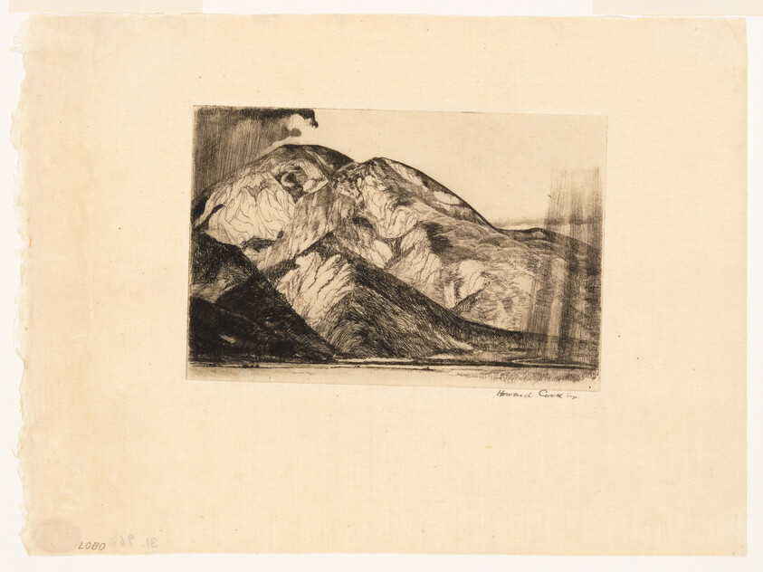 A black ink etching of a rugged mountain range reflected beside a calm shoreline.