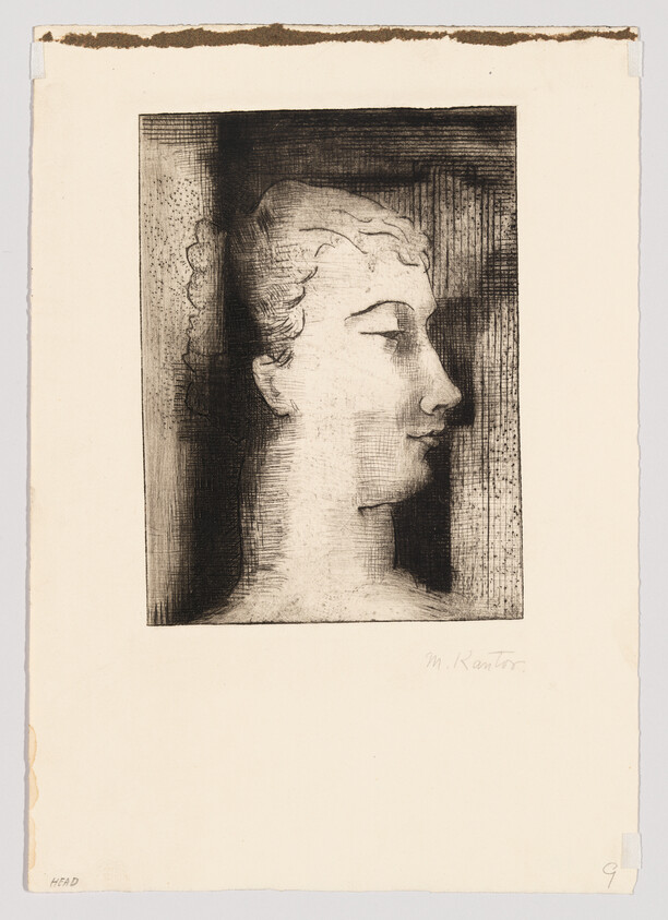 A classical female head in profile etched on textured paper.