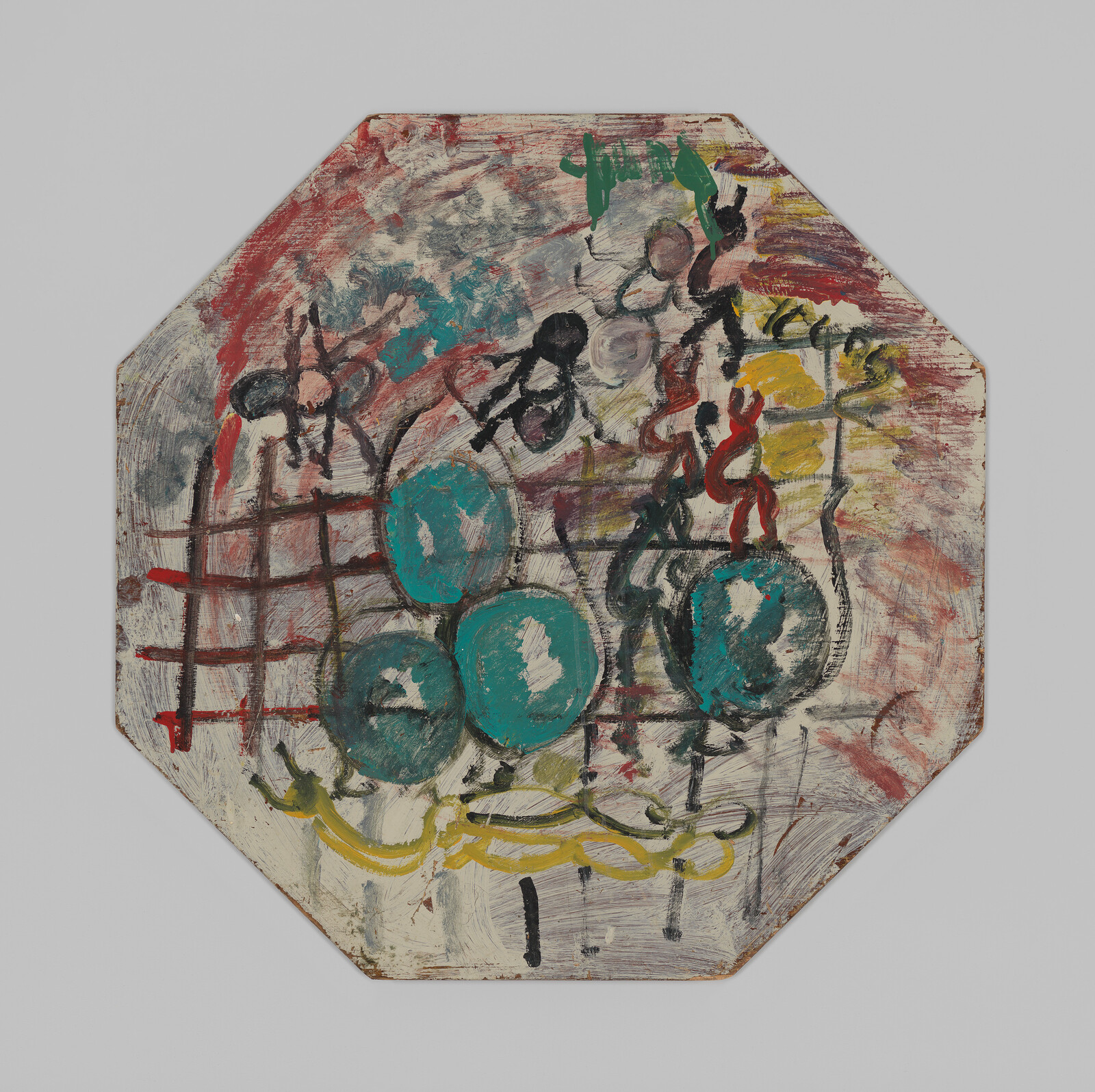 Abstract painting showing teal circular fruits on a loose grid with bold, colorful brushstrokes.