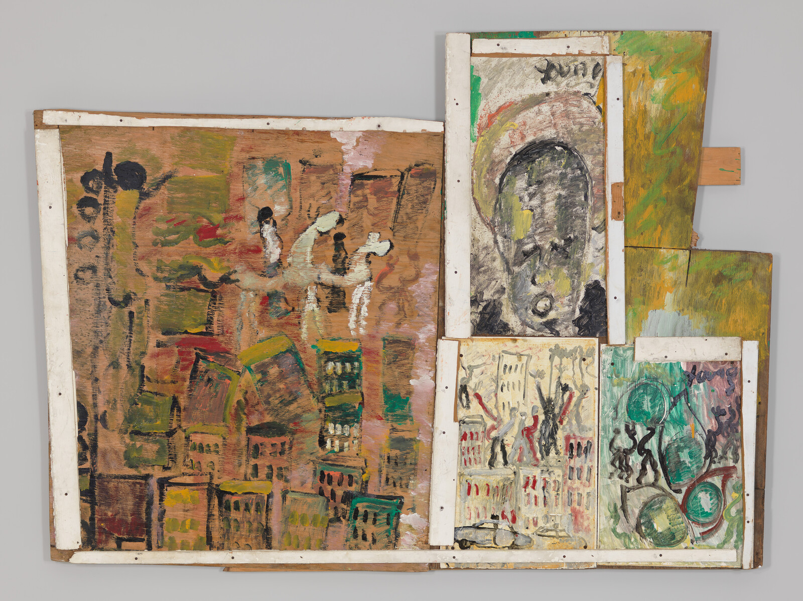 Patchwork painting shows abstract city buildings, small human figures, and a large distressed face on panels.