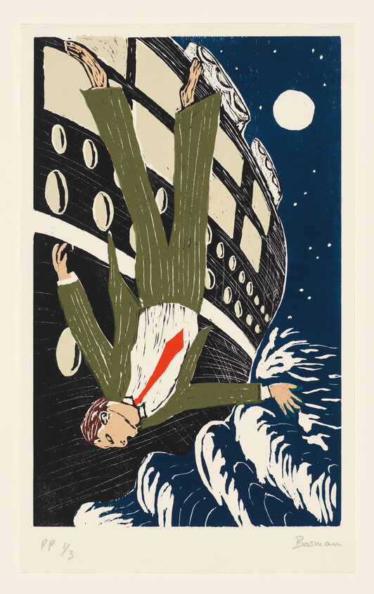 A man in a green suit falls from a ship into rough moonlit ocean waves.