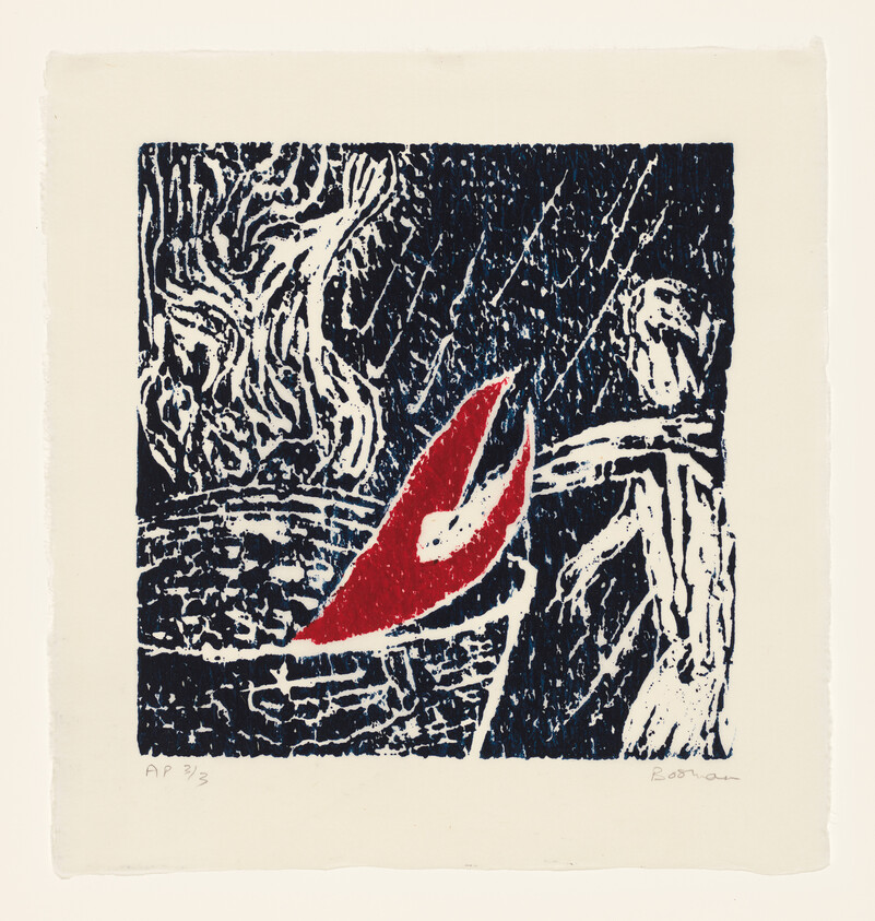 Abstract print showing a red curved leaf shape against dark textured background with a white figure.