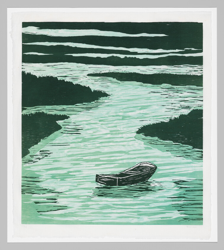 A small wooden rowboat floats alone on a winding green river between marshy banks.
