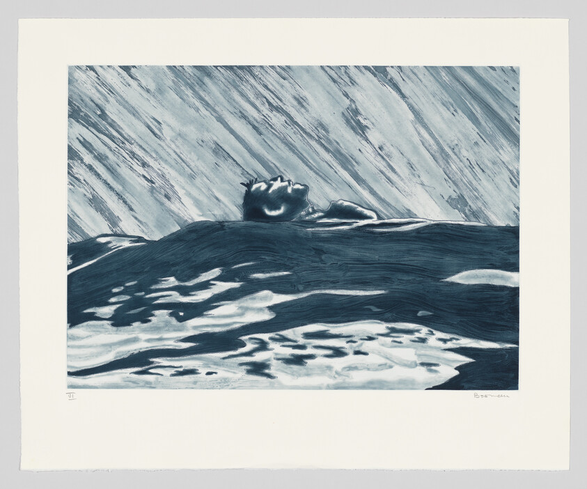 A person floats face-up in dark water while rain streaks diagonally across the sky.