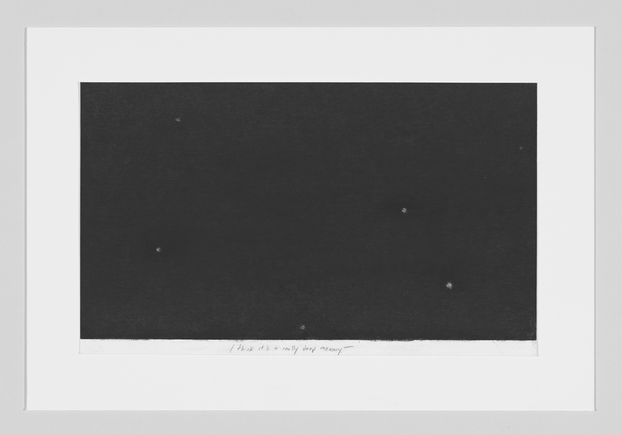 A black and white image of a dark square with very faint white specks, resembling a night sky, centered within a white border. Below the square, there is handwritten text that reads "I think it's a really deep memory."