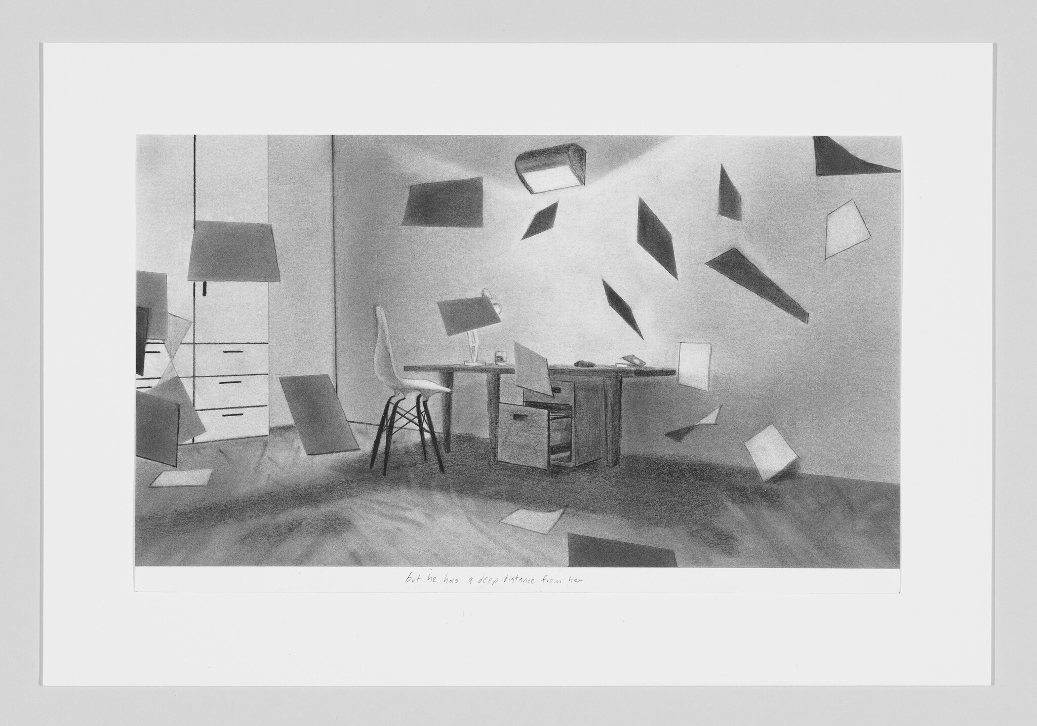 A grayscale illustration of a surreal office scene with papers and objects floating in mid-air, featuring a desk with a lamp, a chair, and a filing cabinet in a room with shadows cast by unseen light sources. There is handwritten text at the bottom of the image.