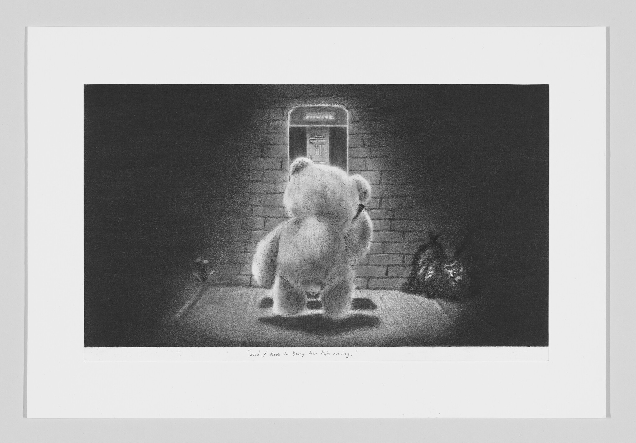 A teddy bear stands alone at night facing a phone booth, with trash bags and a small plant nearby.
