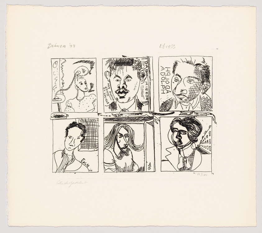 A black and white print featuring six distinct, stylized portraits arranged in a two-by-three grid. Each portrait is contained within its own box and showcases a unique character with exaggerated features and expressions. The artwork has a sketch-like quality with visible lines and cross-hatching for shading. Handwritten text and numbers are present on the bottom and sides of the image, suggesting the piece is part of a limited series.
