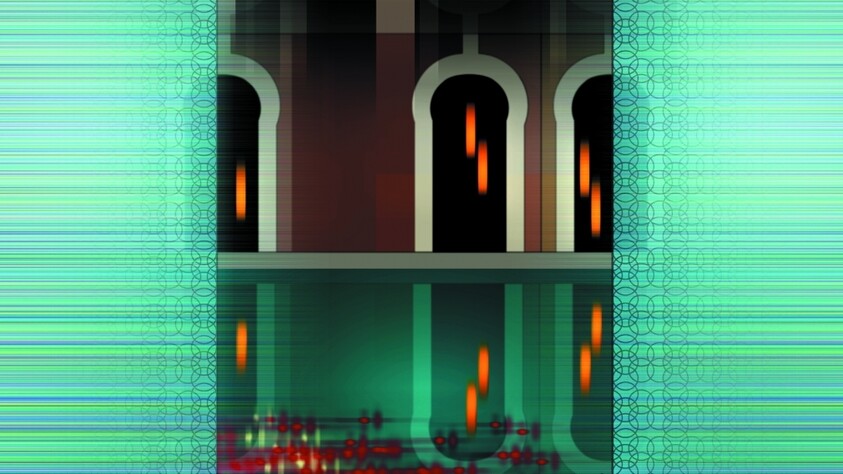 Dark arched windows with floating orange lights reflecting in green water, framed by turquoise patterned borders.