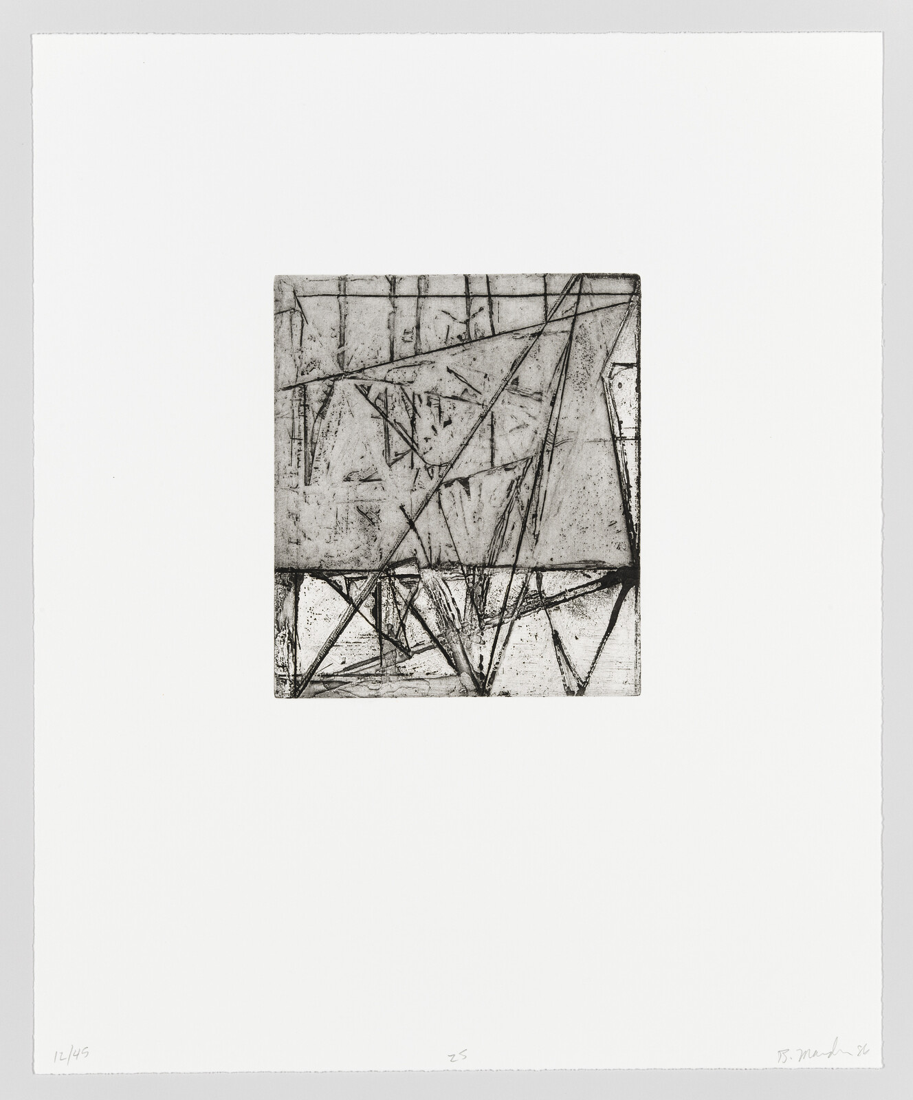 A black and white abstract etching with geometric and linear elements centered on a square piece of paper, numbered 12/45 and signed by the artist in the lower margin.