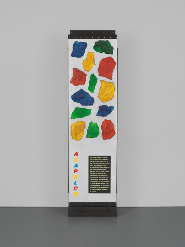 Tall white panel displays colorful abstract rock shapes with vertical "ACAPULCO" text and descriptive plaque.