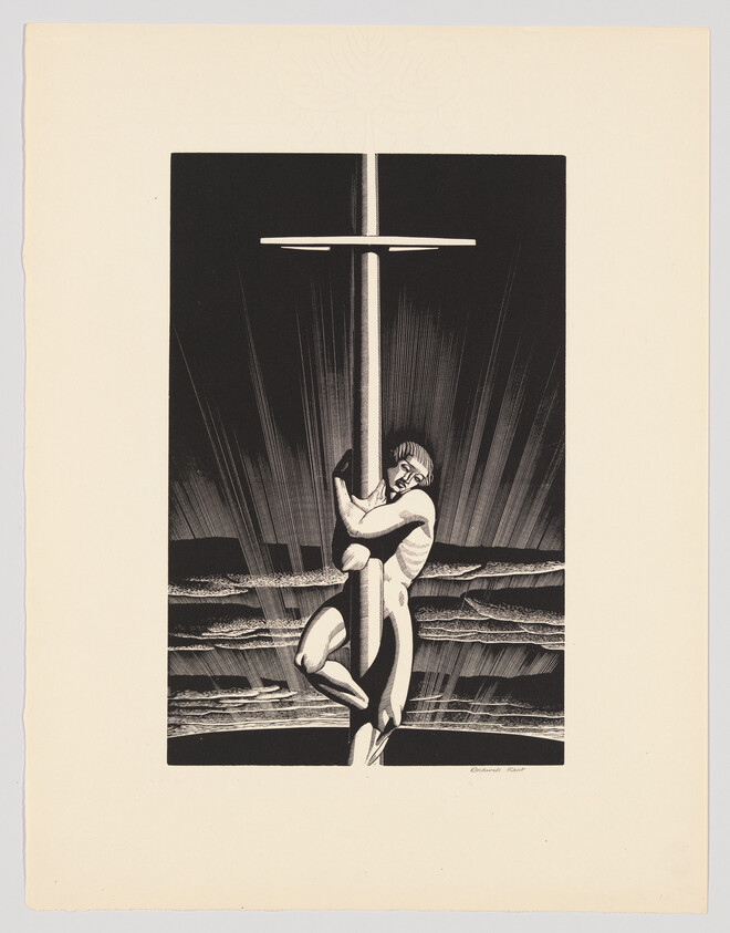 A man clings tightly to a tall pole above crashing waves with dramatic rays behind him.