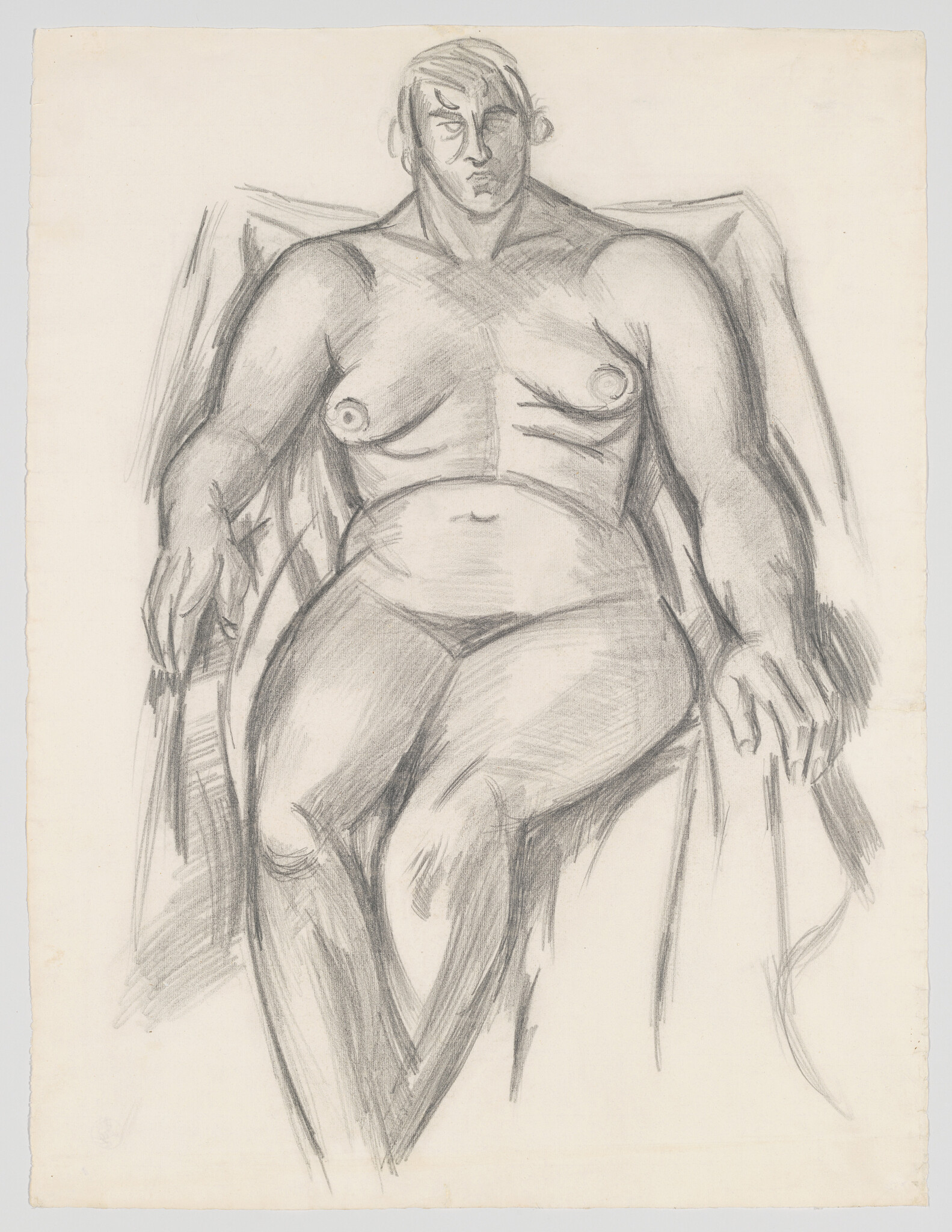 A charcoal sketch of a seated nude woman resting with hands on the chair's arms.
