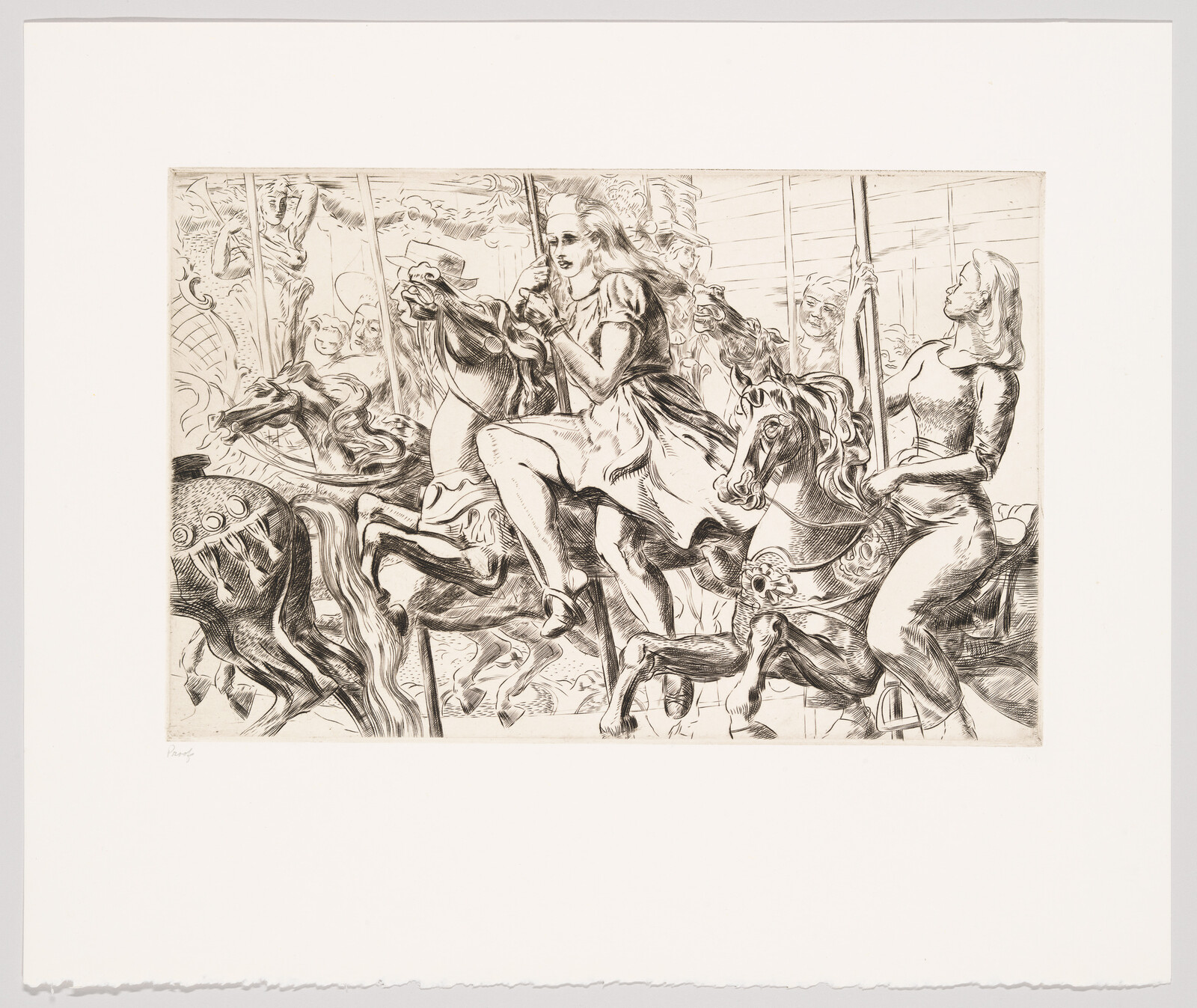 A black and white etching depicting three women riding a carousel with ornate horses. The scene is lively and detailed, with the women appearing joyful as they hold onto the poles attached to the carousel horses. The artwork is expressive with strong lines and shading, conveying movement and festivity. The image is centered on a white background with a clear border around the edges, suggesting it may be a print or a drawing on paper.