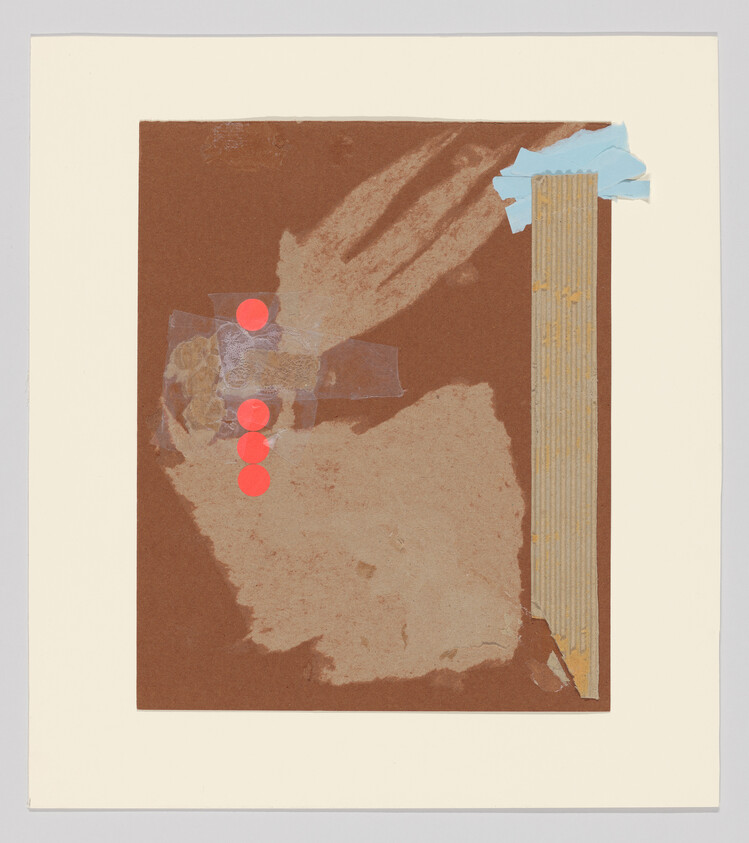 Abstract brown collage with torn papers, a vertical strip on the right, and three red circular stickers.