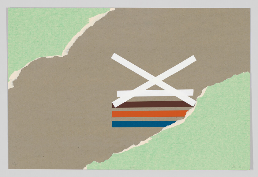 Torn green and brown paper with crossed white strips above stacked blue, orange, and brown bars.