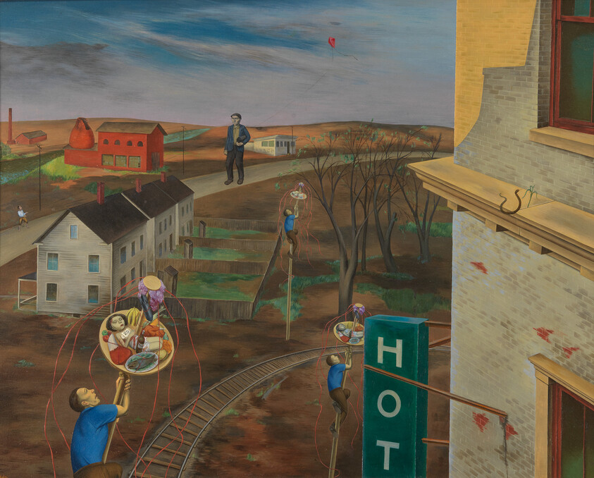 Workers climb poles beside a hotel sign while lifting basket-like platforms holding people and objects.