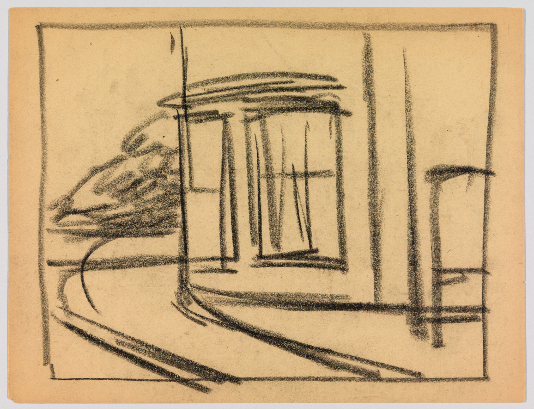 Sketch of a curved street corner with a building bay window drawn in charcoal.